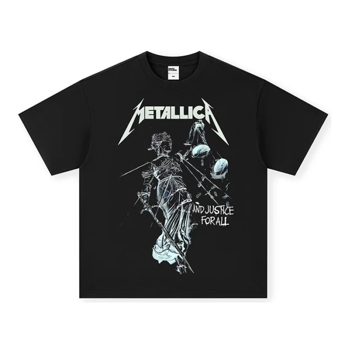 Футболка з принтом Феміди та логотипом Metallica, напис "And Justice For All", зістарений ефект.