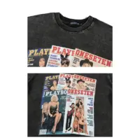 Чорна футболка з вицвілими ефектами та принтом обкладинок журналів Playboy на передній частині.