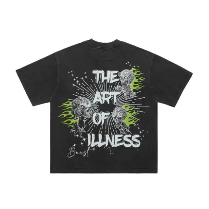 Футболка з принтом черепа, зеленими вогнями і написами "ONENINE Brand" та "THE ART OF ILLNESS".