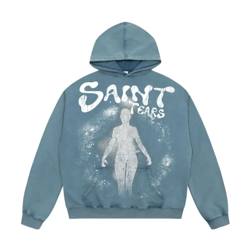 Худі «SAINT TEARS» у чорному та світло-синьому кольорах із великим графічним принтом на спині.