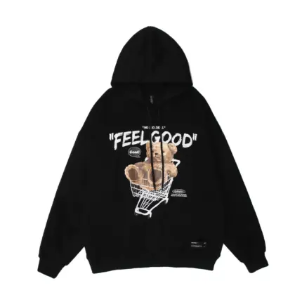 Чорне та біле худі "FEEL GOOD" з принтом ведмедика в кошику та написом.