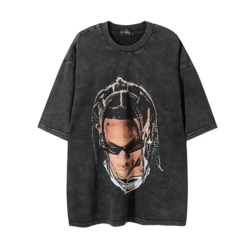 Футболка-oversize із темної бавовни з друком обличчя у стилі Travis Scott.