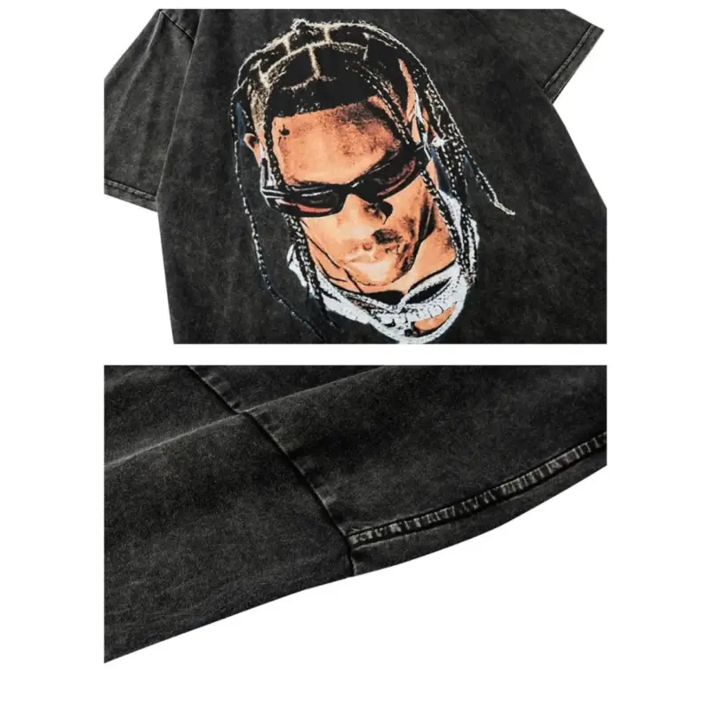 Футболка-oversize із темної бавовни з друком обличчя у стилі Travis Scott.