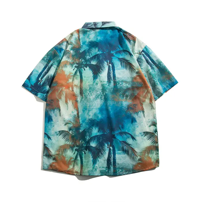 Барвиста сорочка-гавайка Tropical Breeze з принтом пальм у синьо-помаранчевих тонах