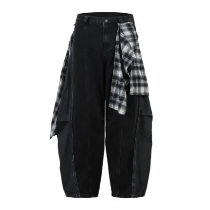 Чорні джинси Shadow Flannel з широким кроєм і вшитою картатою фланелевою вставкою, вигляд спереду та ззаду