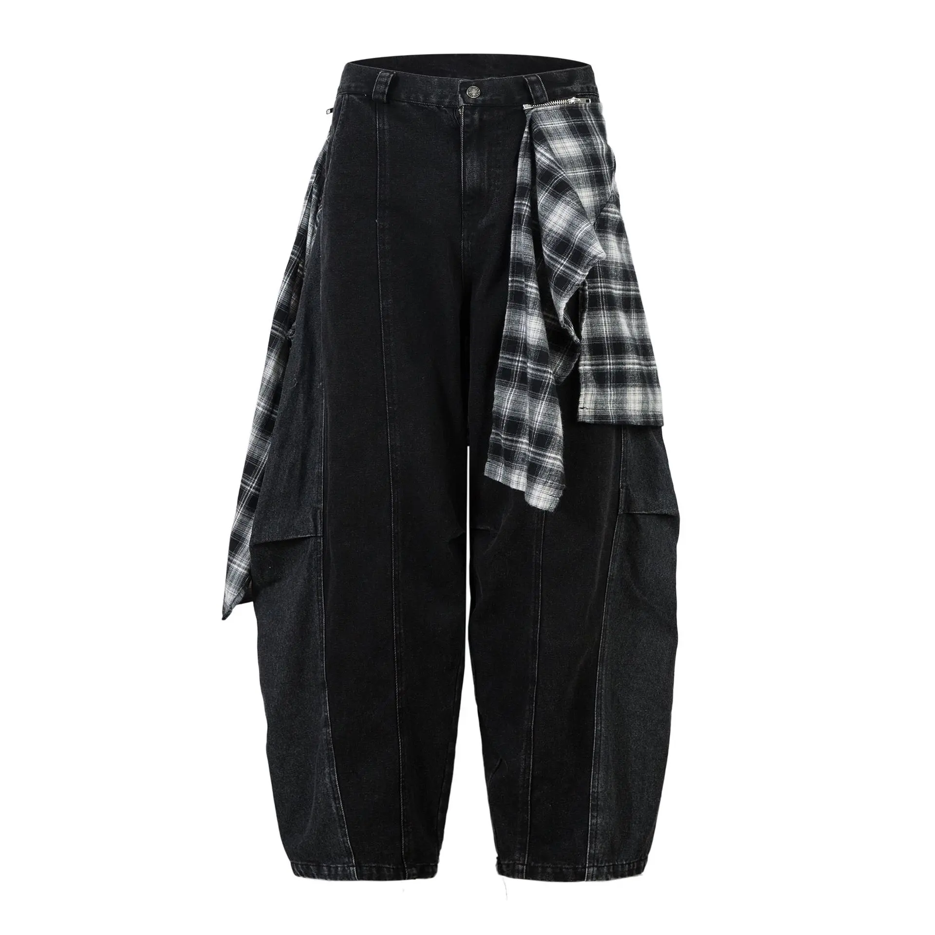 Чорні джинси Shadow Flannel з широким кроєм і вшитою картатою фланелевою вставкою, вигляд спереду та ззаду