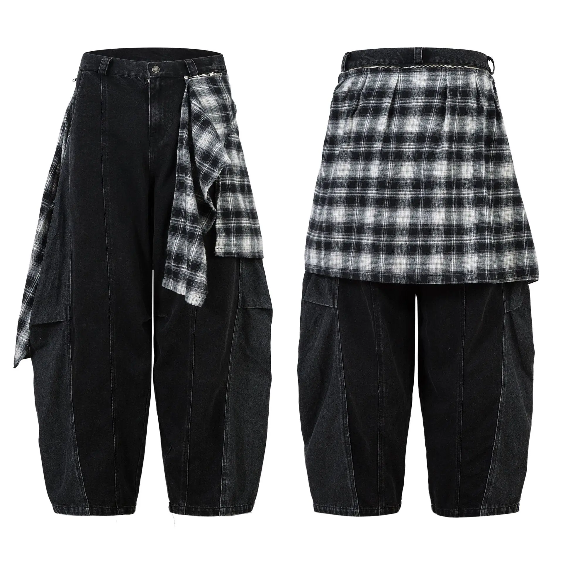 Чорні джинси Shadow Flannel з широким кроєм і вшитою картатою фланелевою вставкою, вигляд спереду та ззаду
