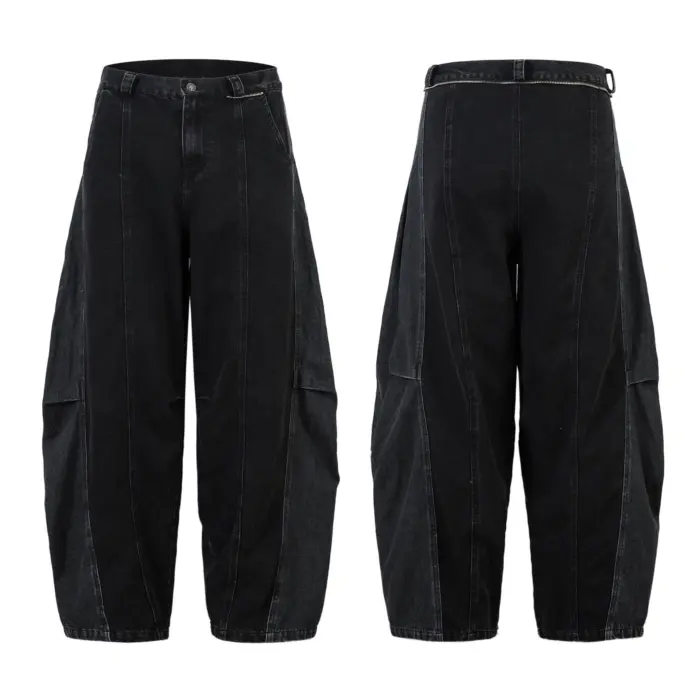 Чорні джинси Shadow Flannel з широким кроєм і вшитою картатою фланелевою вставкою, вигляд спереду та ззаду