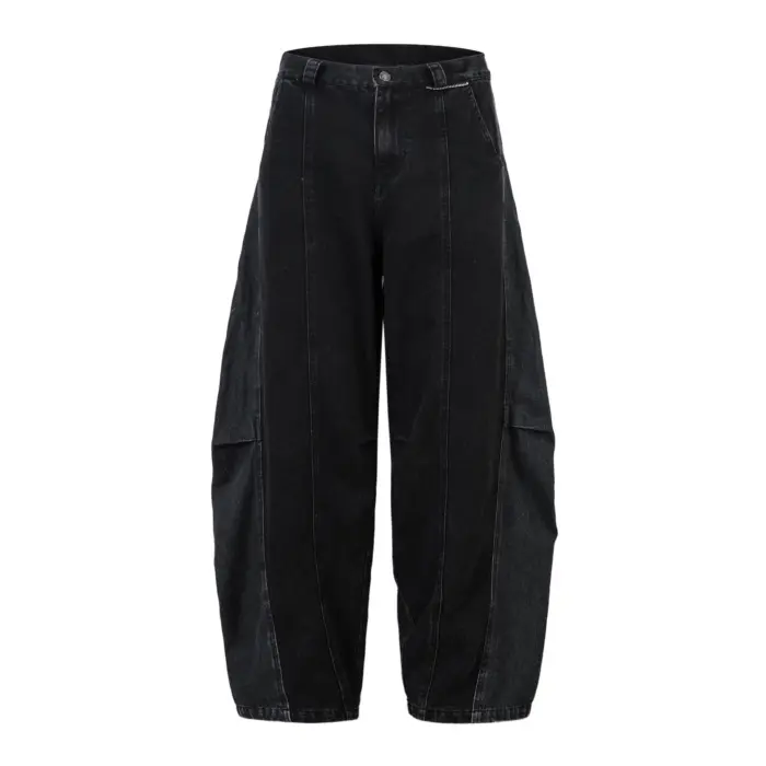 Чорні джинси Shadow Flannel з широким кроєм і вшитою картатою фланелевою вставкою, вигляд спереду та ззаду