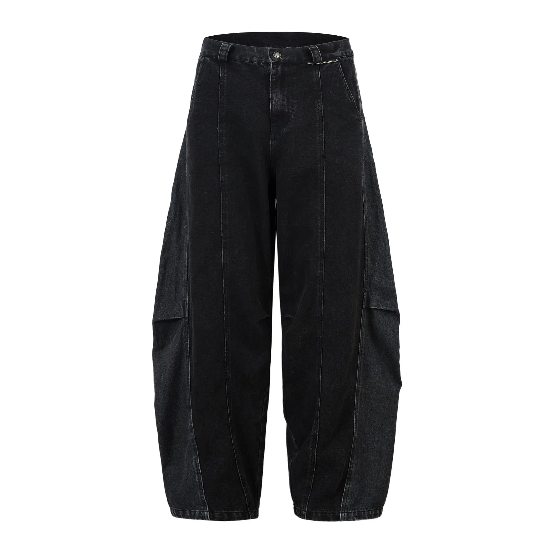 Чорні джинси Shadow Flannel з широким кроєм і вшитою картатою фланелевою вставкою, вигляд спереду та ззаду