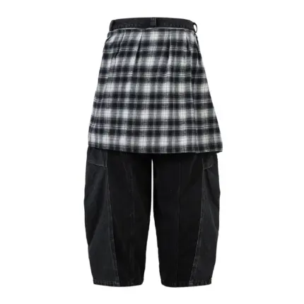 Чорні джинси Shadow Flannel з широким кроєм і вшитою картатою фланелевою вставкою, вигляд спереду та ззаду
