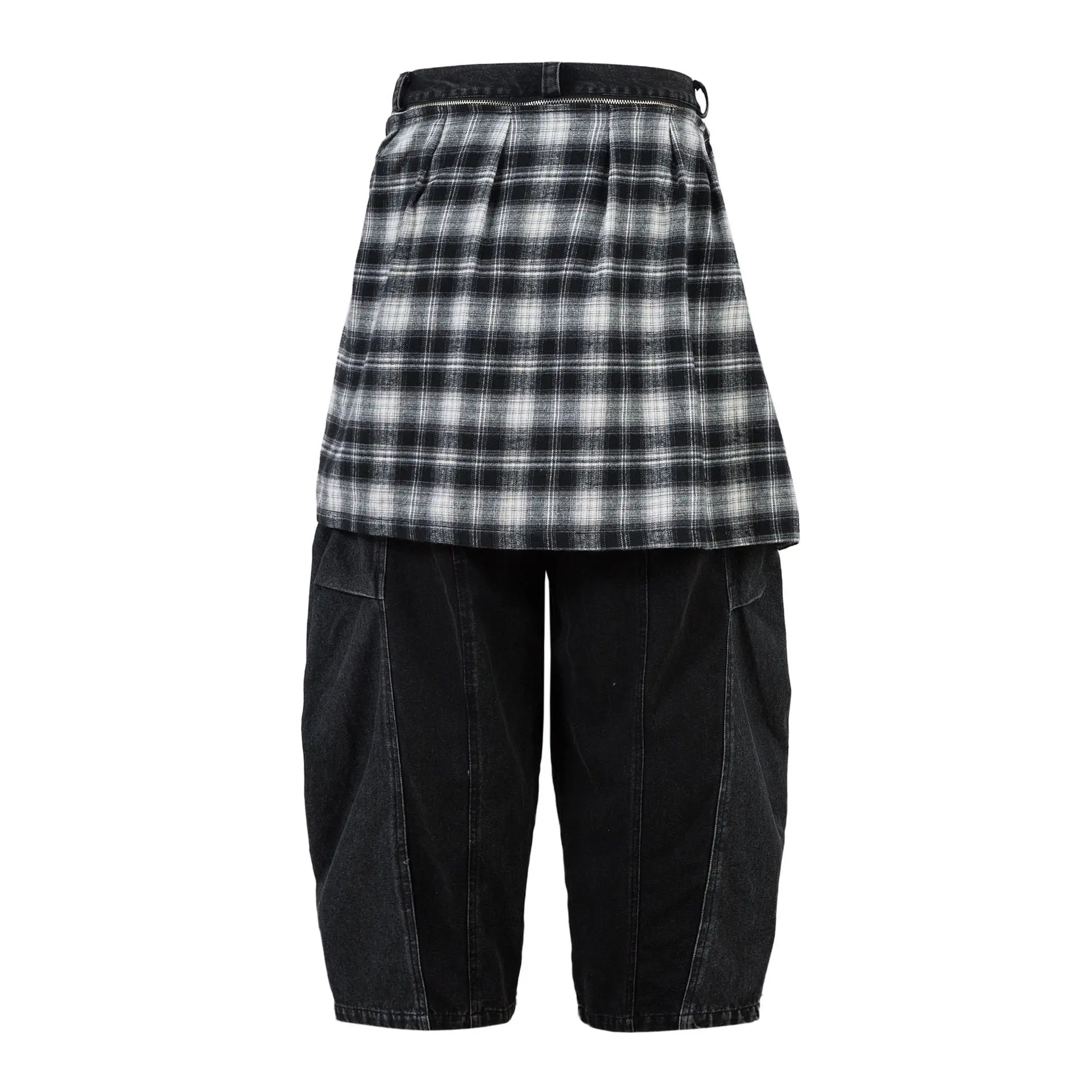 Чорні джинси Shadow Flannel з широким кроєм і вшитою картатою фланелевою вставкою, вигляд спереду та ззаду