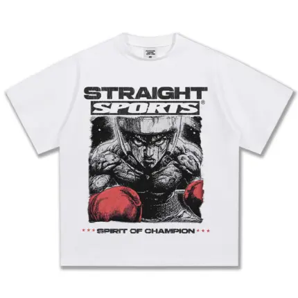 Футболка Straight Sports із зображенням боксера в червоних рукавичках і написом Spirit of Champion, oversize крій, 100% щільна бавовна 300 г/м², у чотирьох кольорах: білий, чорний, vintage чорний, бежевий.