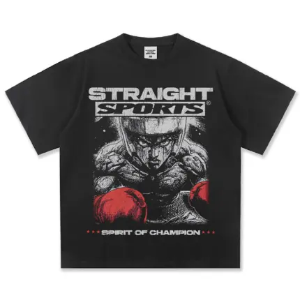 Футболка Straight Sports із зображенням боксера в червоних рукавичках і написом Spirit of Champion, oversize крій, 100% щільна бавовна 300 г/м², у чотирьох кольорах: білий, чорний, vintage чорний, бежевий.