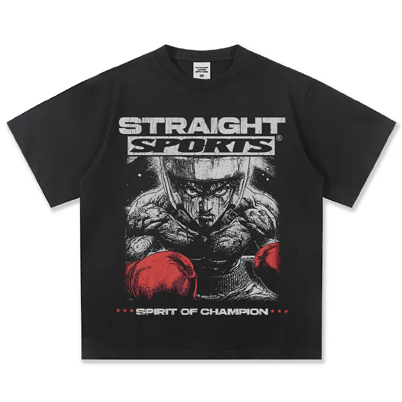 Футболка Straight Sports із зображенням боксера в червоних рукавичках і написом Spirit of Champion, oversize крій, 100% щільна бавовна 300 г/м², у чотирьох кольорах: білий, чорний, vintage чорний, бежевий.