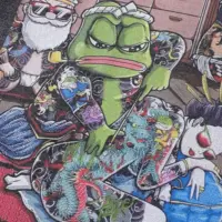 Чорна бавовняна футболка «TATTOO PEPE» із принтом персонажа Pepe у стилі майстра татуювань, вільного крою.