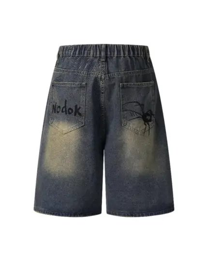 Джинсові шорти «NODOK» із washed-ефектом та графічним принтом павука і павутини у стилі streetwear.